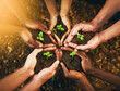 © Lyndon Stratford/peopleimages.com - Were all responsible for a better tomorrow. Closeup shot of a group of unrecognizable people holding plants growing out of soil.