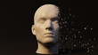 Male mannequin head abstract 3D render. Dark background,  fading effect.