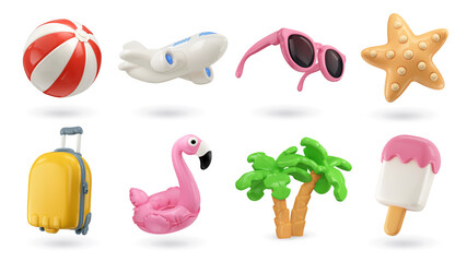 Summer 3d realistic render vector icon set. Inflatable ball, airplane, sunglasses, starfish, suitcase, flamingo, palm trees, ice cream