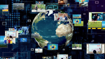 Aufkleber - International broadcasting concept. Video distribution service. Streaming video. communication network. 
