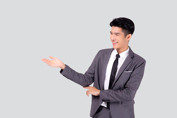 Poster - Portrait young asian business man in suit presenting isolated on white background, advertising and marketing, executive and manager, male confident showing success, expression and emotion.