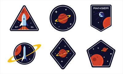 set of space badges, patches, emblems, badges and labels. galaxy exploration and astronaut mission v