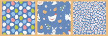 Easter Vector Seamless Pattern Collection. Background For Wrapping Paper, Wallpaper And Fabric. Illustration:chicken, Eggs, Flowers
