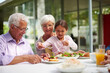 © Daniel Laflor/peopleimages.com - Dishing up for Grandma and Grandpa. Shot of a granddaughter sitting with her grandparents while enjoying a meal outside.