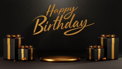 Poster - 3D rendering Happy Birthday, gold podium and gift box on Black rough background for card banner or template design