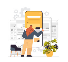 Poster - arab man technician working on smartphone repairing mobile application setting option adjusting conc