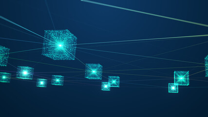 Poster - Blockchain network concept. Isometric digital blocks square code big data connection with Distributed ledger technology, Cryptocurrency finance business.