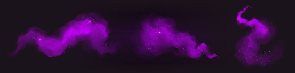 Wall Mural - purple paint powder splashes. flows of magic dust with glitter particles and sparkles. vector realis