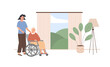 Concept of assisted living. A caregiver with old age woman on wheelchair. A bedroom in nursing home, retirement home. Scene of disabled senior person with social worker at home. Vector illustration.