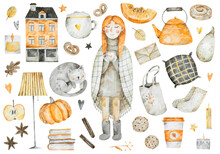 Watercolor Autumn Set Of Different Cozy Things With Illustration Of Girl With A Cup Of Tea. Hand-drawn Elements For Decoration On Whate Background
