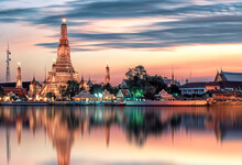 Wat Arun Temple At Sunset In Bangkok Thailand. Wat Arun Is Among The Best Known Of Thailand's Landmarks