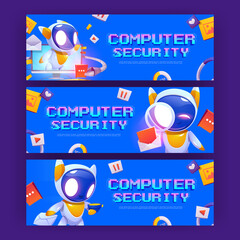 Poster - computer security banners with cute robot protect privacy information. concept of safety network, on