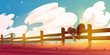 Horse saddle hanging on wooden ranch fence at wild west landscape. Cartoon background with desert land, cloudy sky, red dry ground. Mexican or american farm with cowboy equipment, Vector illustration