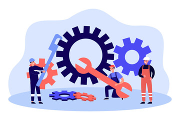 Wall Mural - Team of technicians moving gear of machine. Tiny male characters holding spanner and wrench flat vector illustration. Maintenance, repair service concept for banner, website design or landing web page