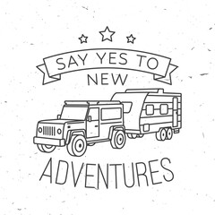 Wall Mural - Camping. Vector. Concept for shirt or logo, print, stamp or tee. Vintage line art design with off-road car and forest.