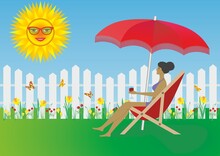 Woman Enjoying Her Garden And The Wonderful Weather. Vector Illustration.