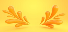 3D Background, Flying Splash Or Liquid Drops On Studio Yellow Backdrop. Orange Droplets Of Juice, Oil Or Honey, Fluid Texture Frame For Display Product. Abstract Design Element, 3D Render Mockup