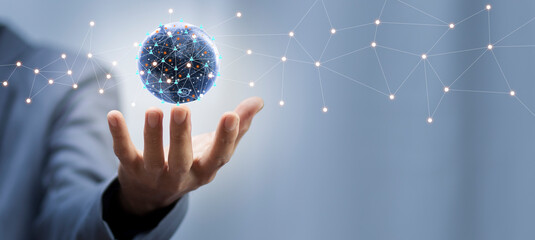 Abstract hand of businessman holding earth and global network connection and blue space background, digital network communication and partners concept