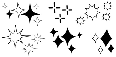 doodle set of vector stars sparkle icon, clean surface icon. Glowing light effect stars and shining burst. isolated on white background. vector illustration