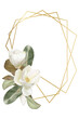 Gold polygonal frame with white magnolia flowers and leaves, elegant wedding invitation design