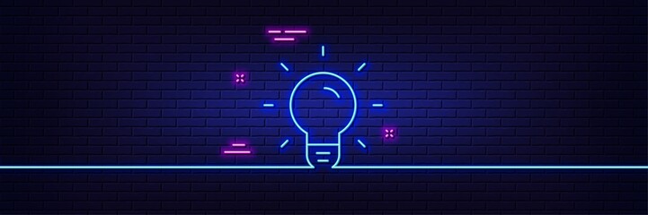 Poster - Neon light glow effect. Light Bulb line icon. Lamp sign. Idea, Solution or Thinking symbol. 3d line neon glow icon. Brick wall banner. Light bulb outline. Vector