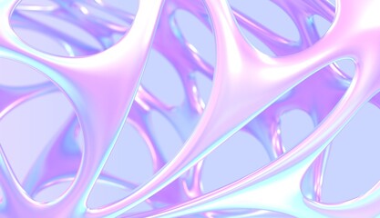 Abstract holographic background, flowing molten liquid with gradient pearlescent texture, metal wavy shape, chromatic macro object, futuristic design element, modern iridescent wallpaper, 3d render