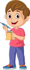 Wall Mural - Cartoon little boy holding a notebook and pencil