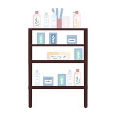 Poster - Open shelving with beauty products semi flat color vector object. Full sized item on white. Skin care goods. Salon equipment simple cartoon style illustration for web graphic design and animation