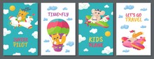 Cute Cartoon Animal Travel On Planes - Set Of Flat Vector Posters.