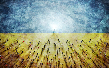 Wall Mural - people follow their leader on ukraine flag. ukrainian society