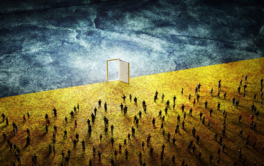 Wall Mural - people on ukraine flag walking to open door