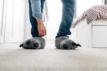 Man Wearing Wolf Paw Slippers In Bedroom At Home