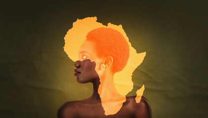 an africa symbol image on the beautiful african face of a young woman. vogue style close-up portrait