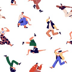 Poster - Seamless pattern with happy young people. Endless background with diverse men and women in action, motion. Active youth in fun and joy, repeating print. Colored flat graphic vector illustration