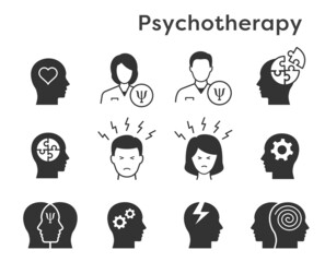 Sticker - Psychotherapy icons, such as mental, brain, emotion, doctor and more. Vector illustration.