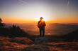 © CreativeImage - Man standing on the cliff at sunset enjoying the nature view. Bavarian Forest, Germany.