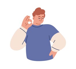 Poster - Satisfied confident person gesturing OK with hand. Happy calm man with okay, all right sign, approving smth. Positive emotion of satisfaction. Flat vector illustration isolated on white background
