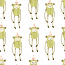 Watercolor Monkey Stuffed Toy Seamless Pattern