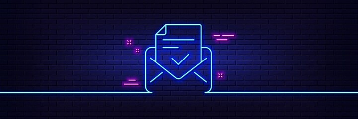 Aufkleber - Neon light glow effect. Approved mail line icon. Accepted or confirmed sign. Document symbol. 3d line neon glow icon. Brick wall banner. Approved mail outline. Vector