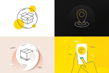 Poster - minimal set of location, open box and parcel tracking line icons. phone screen, quote banners. deliv