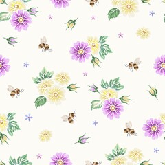 Sticker - Bee seamless pattern. Embroidery daisy and bees, flying insects. Bedding silk stitch print, floral garden and botanical design, nowaday vector background