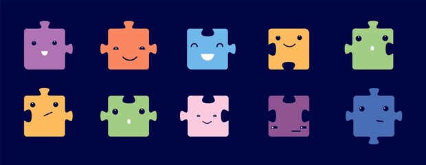 Wall Mural - Cute cartoon puzzle set. Kawaii happy faces jigsaw elements, diverse game symbols. Colorful vector collection for kids play or education