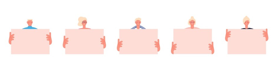 Wall Mural - Elderly protesters with blank placards. Old women and men holding empty banners. Cartoon retirement seniors, demonstration vector characters