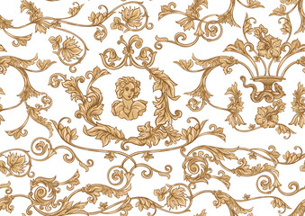 Wall Mural - Seamless pattern, background In baroque, rococo, victorian, renaissance style. Trendy frolar vintage pattern in vintage beige colors. Vector illustration