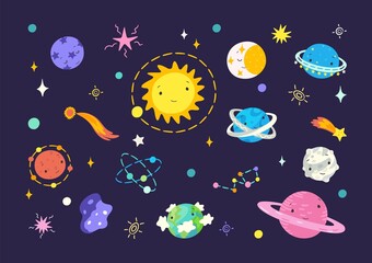 Sticker - flat cartoon universe. space planets and moon, solar system and neptune. colorful comets, stars, cut