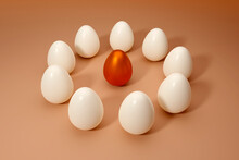 Three Dimensional Render Of Orange Metallic Egg Surrounded By White Ones