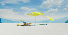 Three Dimensional Render Of Deck Chair And Beach Umbrellas On Deserted Beach In Summer