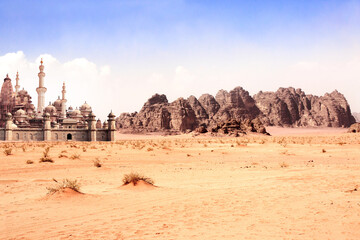 A fabulous lost city in the desert. Fantastic oriental town in the sands and rocky mountains