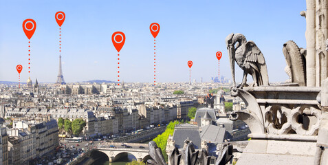 Sticker - Network connection concept. Aerial view of  Paris and red location pins