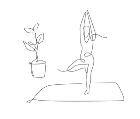 Wall Mural - yoga asanas in one line style. Simple vector pilates illustration. tree pose yoga